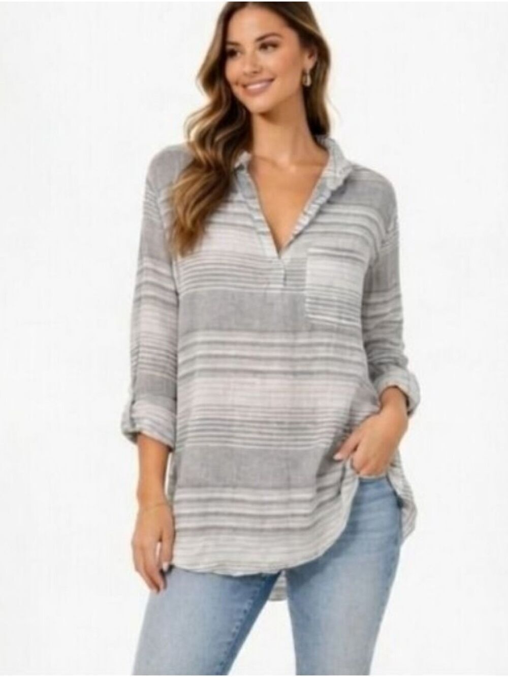 BDG Urban Outfitters Striped Lightweight Cotton Popover Tunic Pocket Medium